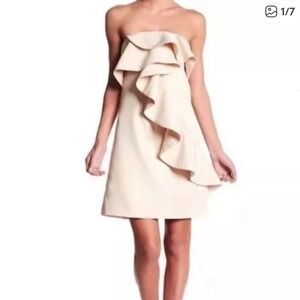 FEW MODA NEW YORK Strapless Ruffle Overlay Dress Beige M